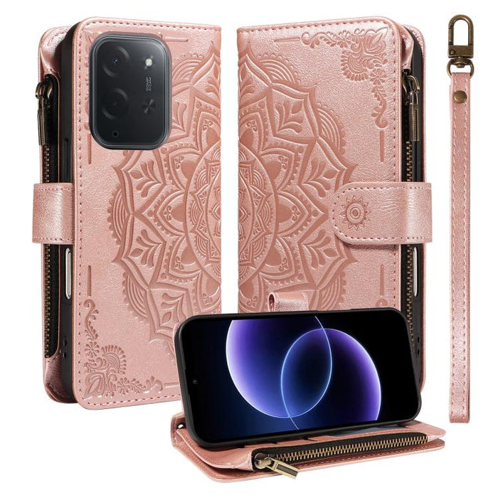 Funda para teléfono móvil de piel vegana con cremallera RFID, diseño de mandala en relieve, capacidad para 9 tarjetas y cordón corto., For Xiaomi 17 Max 5G, For Xiaomi 17T Pro 5G Global, For Xiaomi 17T 5G Global