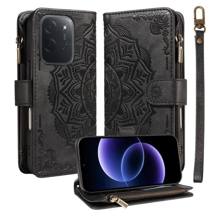 Funda para teléfono móvil de piel vegana con cremallera RFID, diseño de mandala en relieve, capacidad para 9 tarjetas y cordón corto., For Xiaomi 17 Max 5G, For Xiaomi 17T Pro 5G Global, For Xiaomi 17T 5G Global