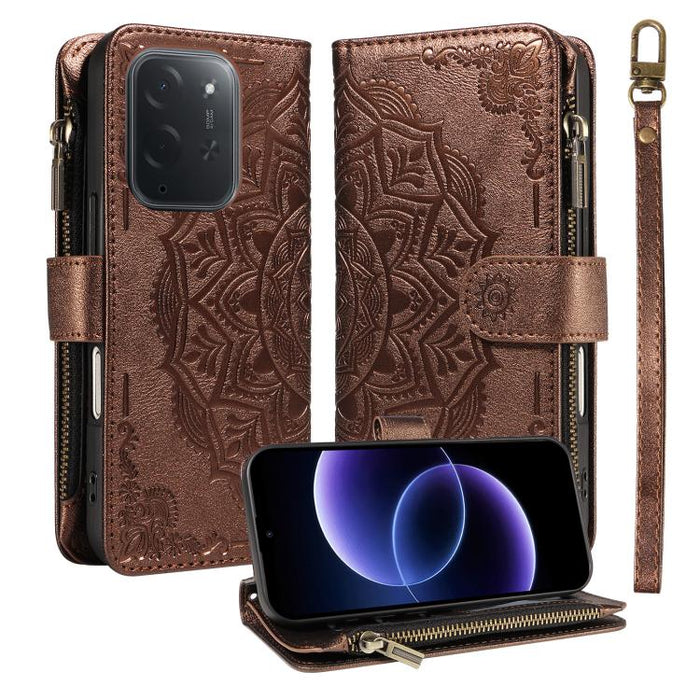 Funda para teléfono móvil de piel vegana con cremallera RFID, diseño de mandala en relieve, capacidad para 9 tarjetas y cordón corto., For Xiaomi 17 Max 5G, For Xiaomi 17T Pro 5G Global, For Xiaomi 17T 5G Global
