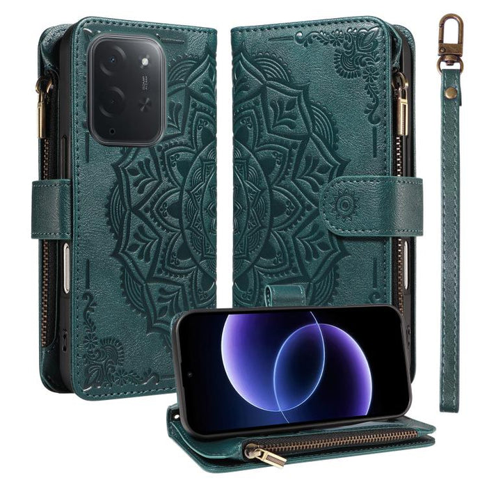 Funda para teléfono móvil de piel vegana con cremallera RFID, diseño de mandala en relieve, capacidad para 9 tarjetas y cordón corto., For Xiaomi 17 Max 5G, For Xiaomi 17T Pro 5G Global, For Xiaomi 17T 5G Global