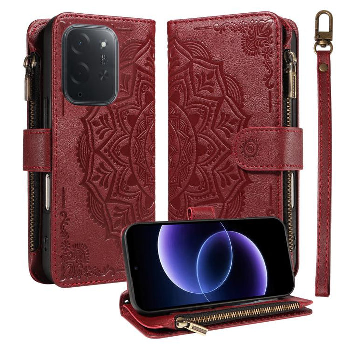 Funda para teléfono móvil de piel vegana con cremallera RFID, diseño de mandala en relieve, capacidad para 9 tarjetas y cordón corto., For Xiaomi 17 Max 5G, For Xiaomi 17T Pro 5G Global, For Xiaomi 17T 5G Global