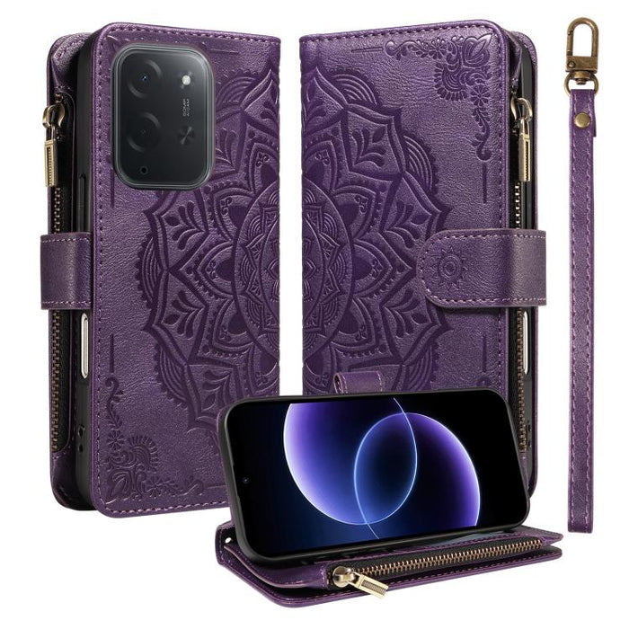 Funda para teléfono móvil de piel vegana con cremallera RFID, diseño de mandala en relieve, capacidad para 9 tarjetas y cordón corto., For Xiaomi 17 Max 5G, For Xiaomi 17T Pro 5G Global, For Xiaomi 17T 5G Global