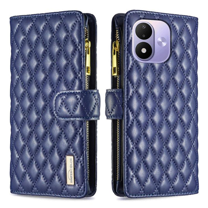 Cartera de piel con cremallera y diseño de celosía de diamantes, For Redmi K90 Max 5G