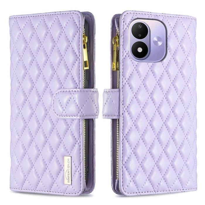 Cartera de piel con cremallera y diseño de celosía de diamantes, For Redmi K90 Max 5G