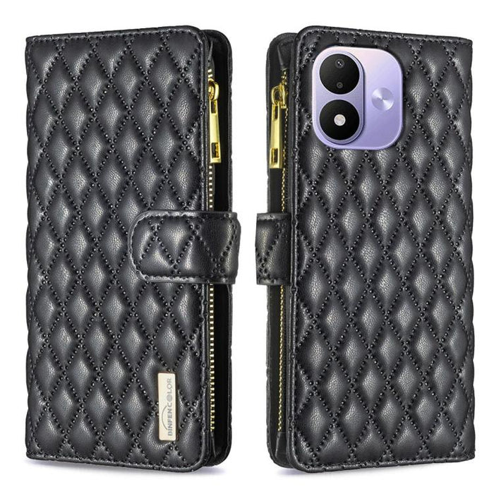 Cartera de piel con cremallera y diseño de celosía de diamantes, For Redmi K90 Max 5G