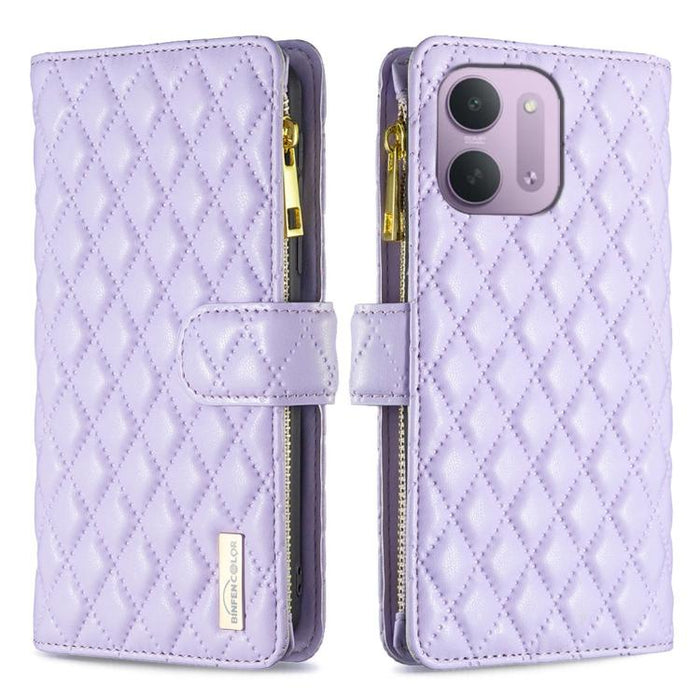 Cartera de piel con cremallera y diseño de celosía de diamantes, For Redmi K90 Max 5G