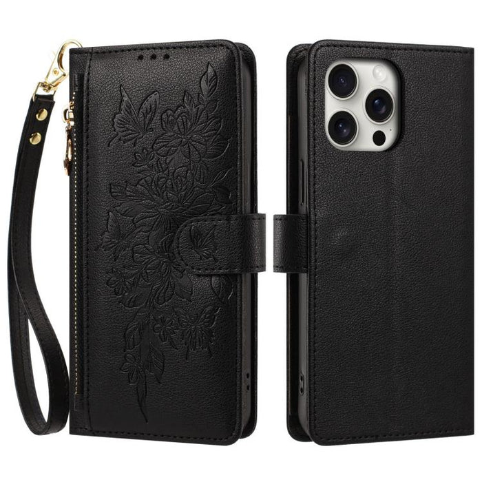 Cartera con cremallera y estampado de mariposas y flores, funda para teléfono de piel vegana con correa., For iPhone 13 Pro Max, For iPhone 13 Pro, For iPhone 12 / 12 Pro, For iPhone 12 Pro Max