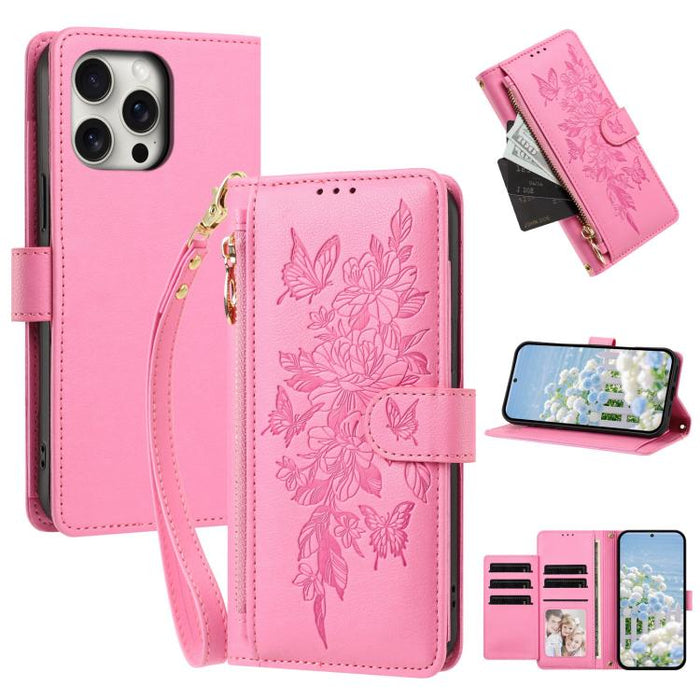 Cartera con cremallera y estampado de mariposas y flores, funda para teléfono de piel vegana con correa., For iPhone 13 Pro Max, For iPhone 13 Pro, For iPhone 12 / 12 Pro, For iPhone 12 Pro Max
