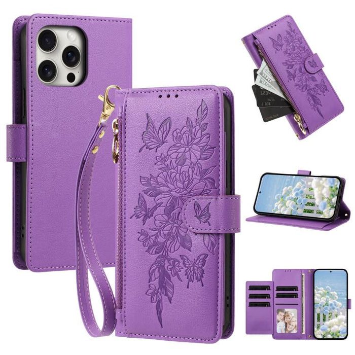 Cartera con cremallera y estampado de mariposas y flores, funda para teléfono de piel vegana con correa., For iPhone 13 Pro Max, For iPhone 13 Pro, For iPhone 12 / 12 Pro, For iPhone 12 Pro Max