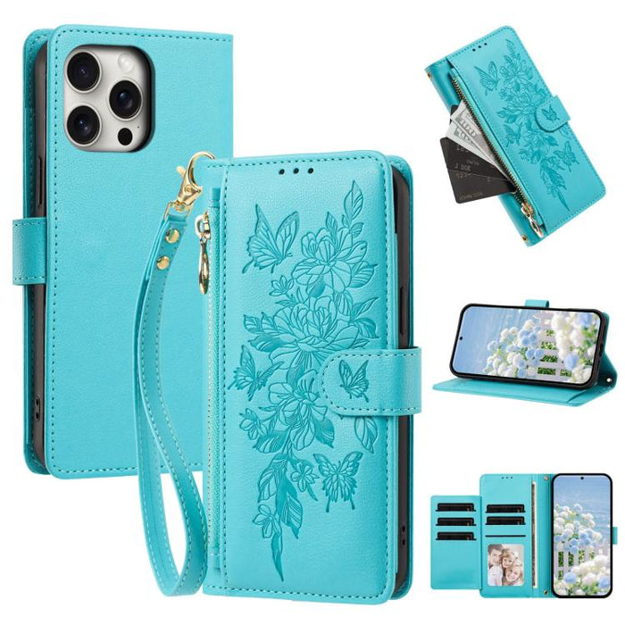 Cartera con cremallera y estampado de mariposas y flores, funda para teléfono de piel vegana con correa., For iPhone 13 Pro Max, For iPhone 13 Pro, For iPhone 12 / 12 Pro, For iPhone 12 Pro Max