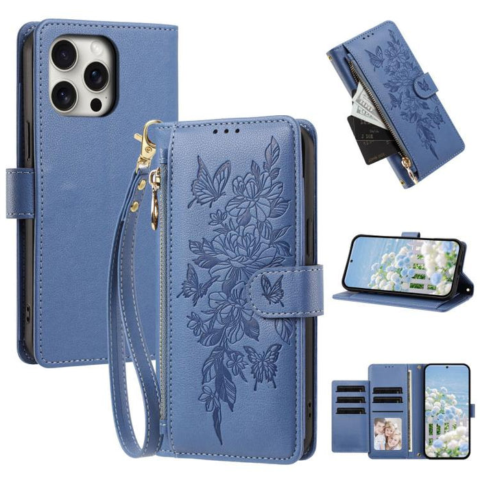 Cartera con cremallera y estampado de mariposas y flores, funda para teléfono de piel vegana con correa., For iPhone 13 Pro Max, For iPhone 13 Pro, For iPhone 12 / 12 Pro, For iPhone 12 Pro Max