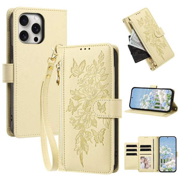 Cartera con cremallera y estampado de mariposas y flores, funda para teléfono de piel vegana con correa., For iPhone 13 Pro Max, For iPhone 13 Pro, For iPhone 12 / 12 Pro, For iPhone 12 Pro Max