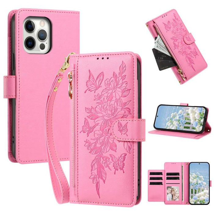 Cartera con cremallera y estampado de mariposas y flores, funda para teléfono de piel vegana con correa., For iPhone 13 Pro Max, For iPhone 13 Pro, For iPhone 12 / 12 Pro, For iPhone 12 Pro Max