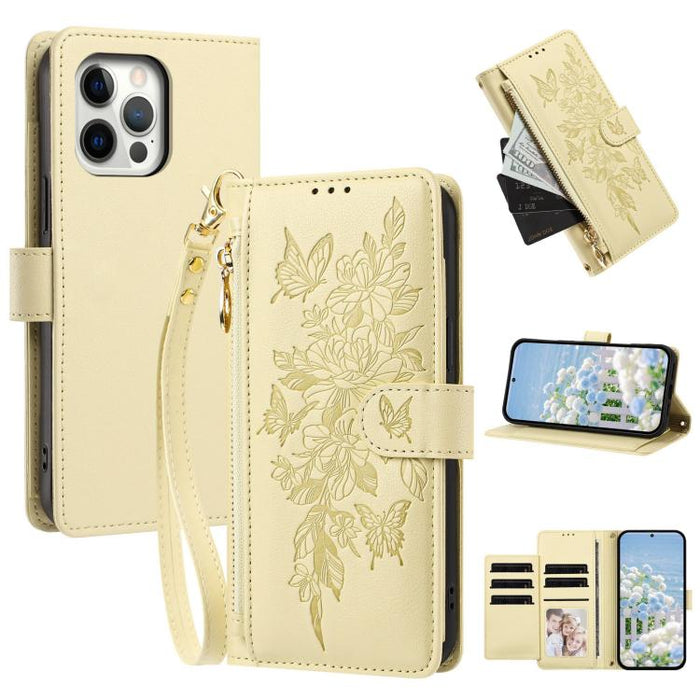 Cartera con cremallera y estampado de mariposas y flores, funda para teléfono de piel vegana con correa., For iPhone 13 Pro Max, For iPhone 13 Pro, For iPhone 12 / 12 Pro, For iPhone 12 Pro Max