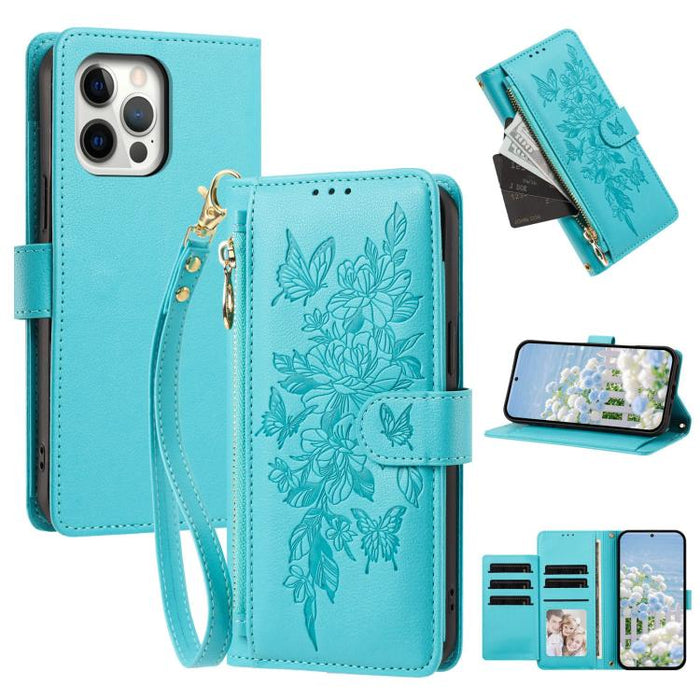 Cartera con cremallera y estampado de mariposas y flores, funda para teléfono de piel vegana con correa., For iPhone 13 Pro Max, For iPhone 13 Pro, For iPhone 12 / 12 Pro, For iPhone 12 Pro Max