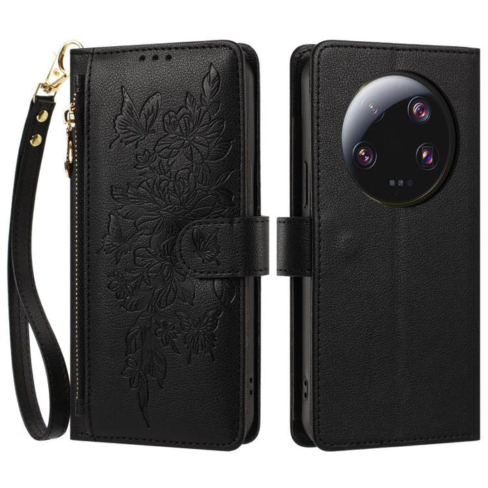 Cartera con cremallera y estampado de mariposas y flores, funda para teléfono de piel vegana con correa., For Xiaomi 13 Ultra