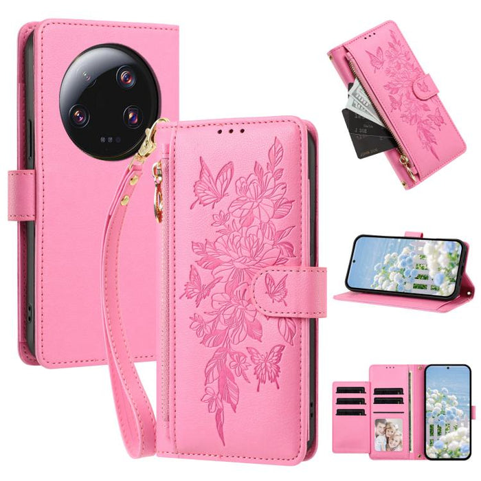 Cartera con cremallera y estampado de mariposas y flores, funda para teléfono de piel vegana con correa., For Xiaomi 13 Ultra