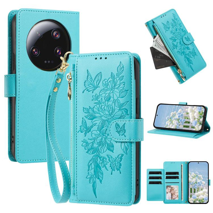 Cartera con cremallera y estampado de mariposas y flores, funda para teléfono de piel vegana con correa., For Xiaomi 13 Ultra