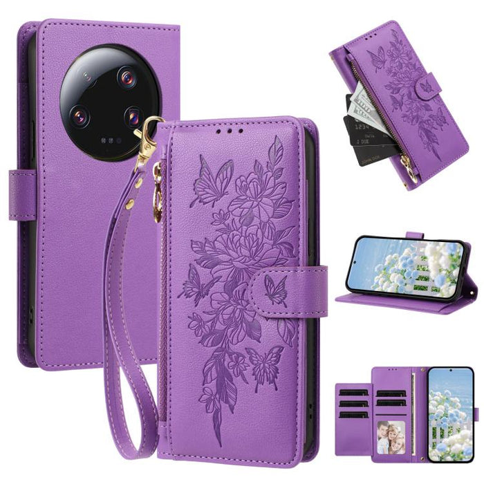 Cartera con cremallera y estampado de mariposas y flores, funda para teléfono de piel vegana con correa., For Xiaomi 13 Ultra