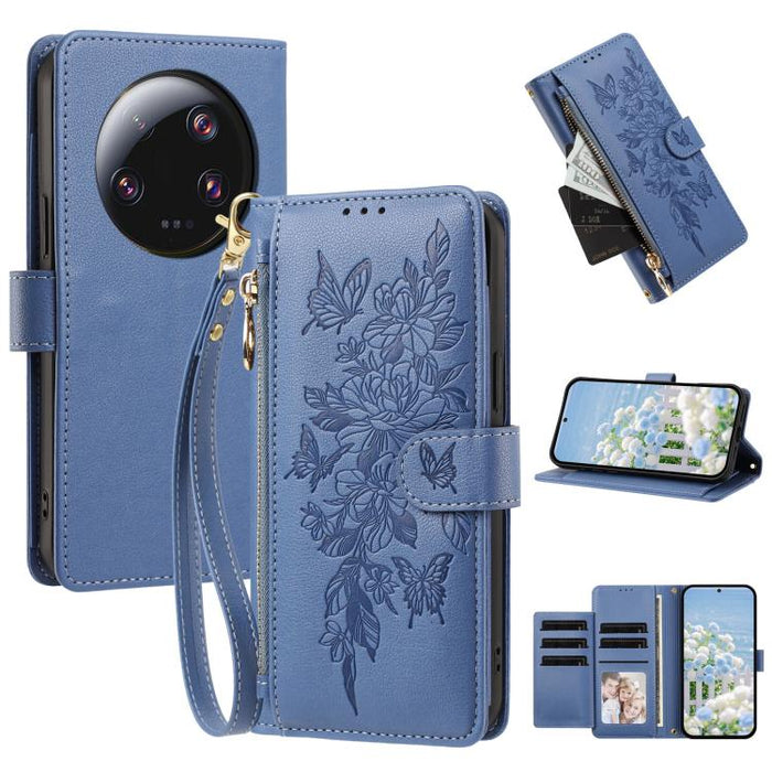 Cartera con cremallera y estampado de mariposas y flores, funda para teléfono de piel vegana con correa., For Xiaomi 13 Ultra
