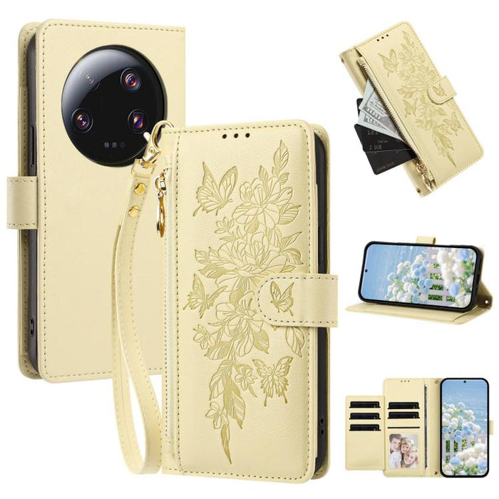Cartera con cremallera y estampado de mariposas y flores, funda para teléfono de piel vegana con correa., For Xiaomi 13 Ultra