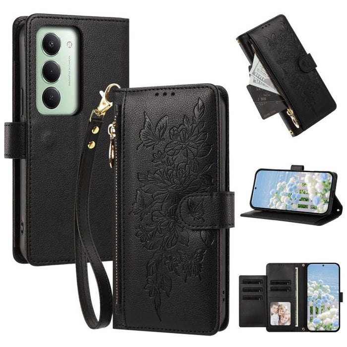 Cartera con cremallera y estampado de mariposas y flores, funda para teléfono de piel vegana con correa., For Redmi 15a 5G, For Redmi Turbo 5 Max / Poco X8 Pro Max, For Redmi Turbo 5 / Poco X8 Pro 5G, For Redmi Note 15 Pro+ Global 163.3mm              ...
