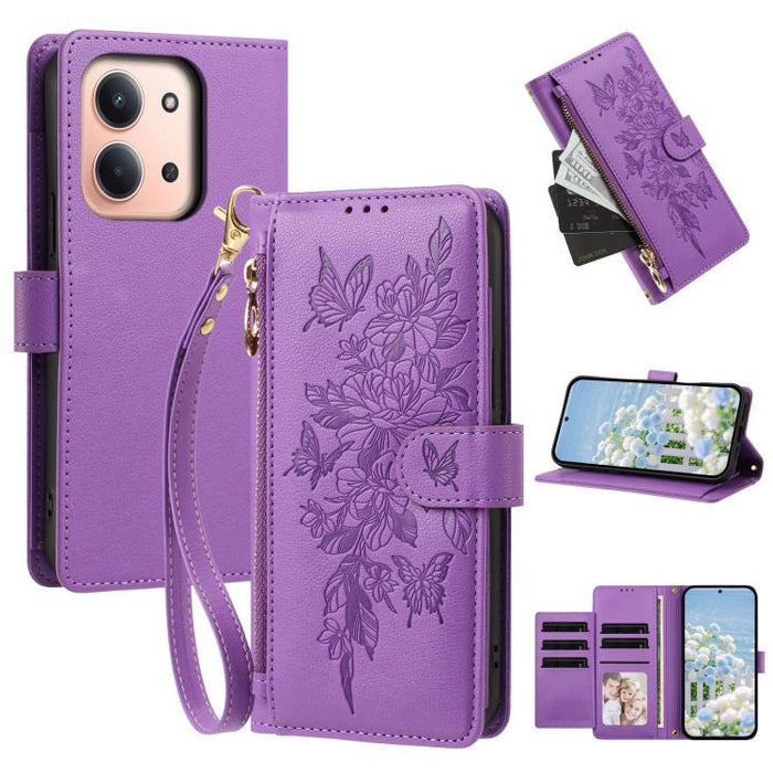 Cartera con cremallera y estampado de mariposas y flores, funda para teléfono de piel vegana con correa., For Redmi 15a 5G, For Redmi Turbo 5 Max / Poco X8 Pro Max, For Redmi Turbo 5 / Poco X8 Pro 5G, For Redmi Note 15 Pro+ Global 163.3mm              ...