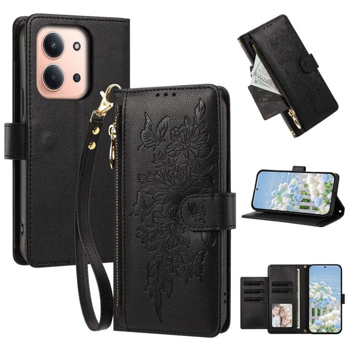 Cartera con cremallera y estampado de mariposas y flores, funda para teléfono de piel vegana con correa., For Redmi 15a 5G, For Redmi Turbo 5 Max / Poco X8 Pro Max, For Redmi Turbo 5 / Poco X8 Pro 5G, For Redmi Note 15 Pro+ Global 163.3mm              ...
