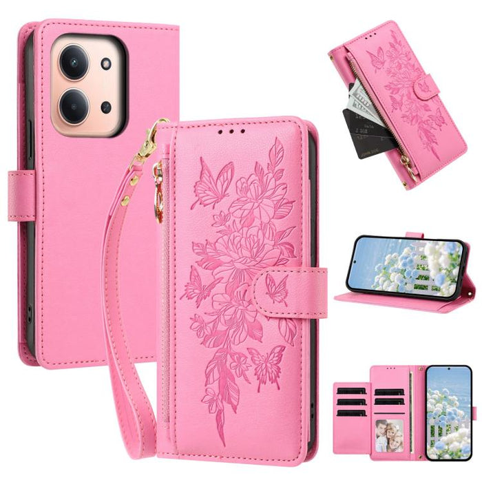 Cartera con cremallera y estampado de mariposas y flores, funda para teléfono de piel vegana con correa., For Redmi 15a 5G, For Redmi Turbo 5 Max / Poco X8 Pro Max, For Redmi Turbo 5 / Poco X8 Pro 5G, For Redmi Note 15 Pro+ Global 163.3mm              ...