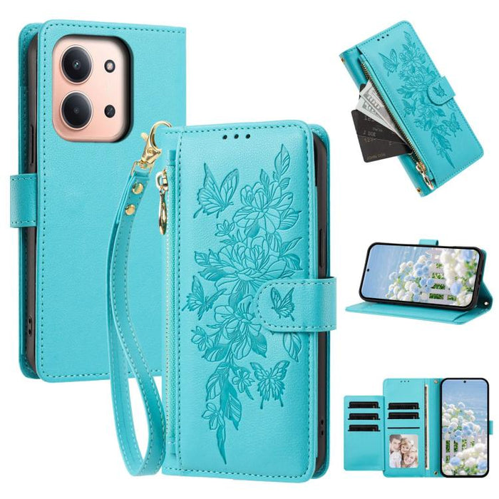 Cartera con cremallera y estampado de mariposas y flores, funda para teléfono de piel vegana con correa., For Redmi 15a 5G, For Redmi Turbo 5 Max / Poco X8 Pro Max, For Redmi Turbo 5 / Poco X8 Pro 5G, For Redmi Note 15 Pro+ Global 163.3mm              ...