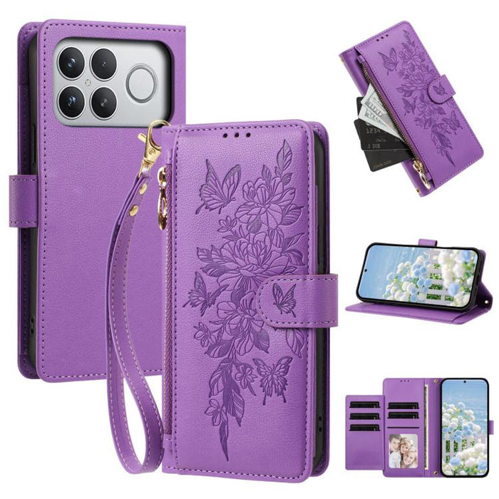 Cartera con cremallera y estampado de mariposas y flores, funda para teléfono de piel vegana con correa., For Redmi 15a 5G, For Redmi Turbo 5 Max / Poco X8 Pro Max, For Redmi Turbo 5 / Poco X8 Pro 5G, For Redmi Note 15 Pro+ Global 163.3mm              ...