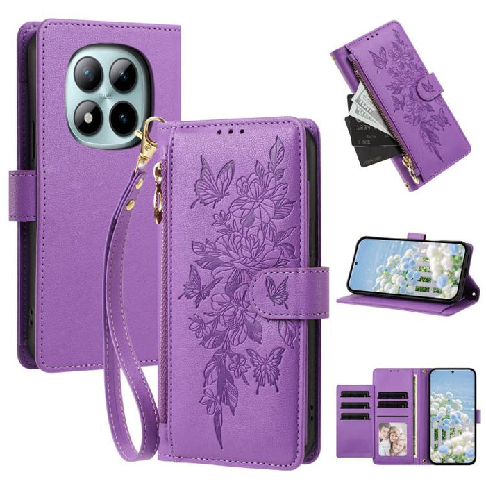 Cartera con cremallera y estampado de mariposas y flores, funda para teléfono de piel vegana con correa., For Redmi 15a 5G, For Redmi Turbo 5 Max / Poco X8 Pro Max, For Redmi Turbo 5 / Poco X8 Pro 5G, For Redmi Note 15 Pro+ Global 163.3mm              ...