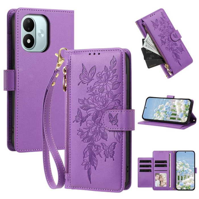 Cartera con cremallera y estampado de mariposas y flores, funda para teléfono de piel vegana con correa., For Redmi 15a 5G, For Redmi Turbo 5 Max / Poco X8 Pro Max, For Redmi Turbo 5 / Poco X8 Pro 5G, For Redmi Note 15 Pro+ Global 163.3mm              ...