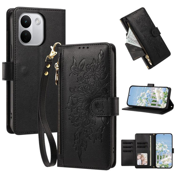 Cartera con cremallera y estampado de mariposas y flores, funda para teléfono de piel vegana con correa., For Redmi 15a 5G, For Redmi Turbo 5 Max / Poco X8 Pro Max, For Redmi Turbo 5 / Poco X8 Pro 5G, For Redmi Note 15 Pro+ Global 163.3mm              ...