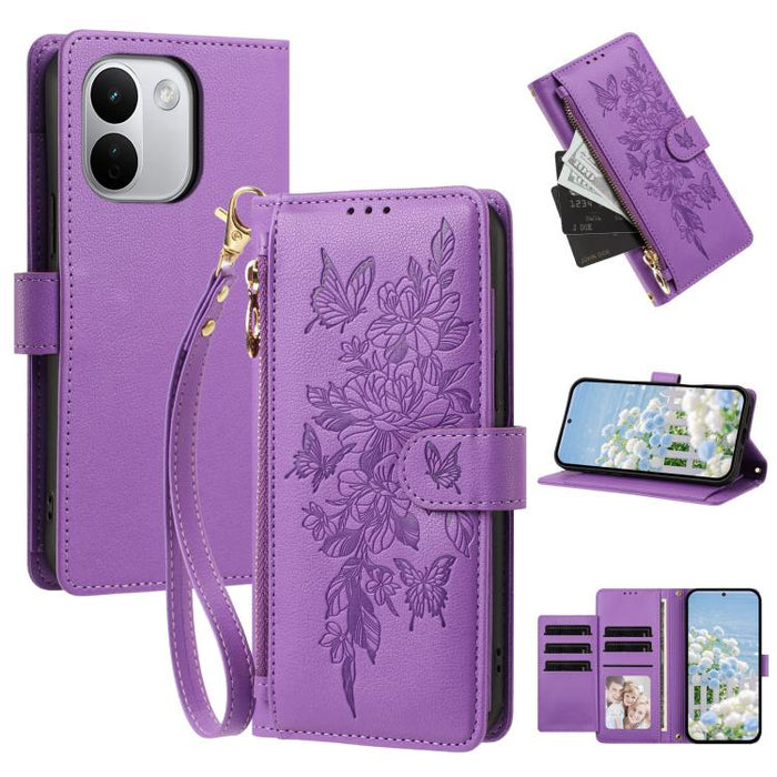 Cartera con cremallera y estampado de mariposas y flores, funda para teléfono de piel vegana con correa., For Redmi 15a 5G, For Redmi Turbo 5 Max / Poco X8 Pro Max, For Redmi Turbo 5 / Poco X8 Pro 5G, For Redmi Note 15 Pro+ Global 163.3mm              ...