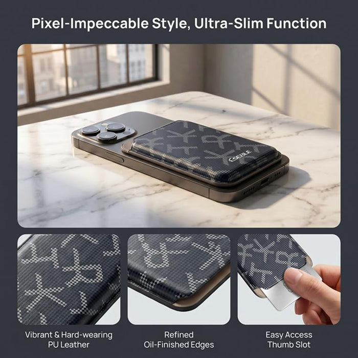 ESEBLE S8 Piel sintética con textura de letras y ranuras magnéticas para tarjetas de teléfono móvil