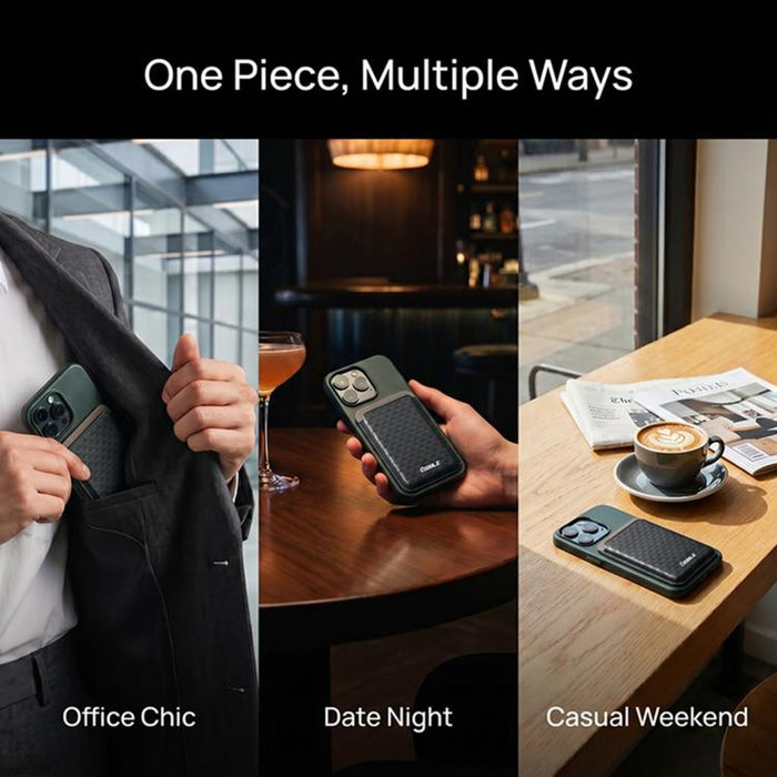 ESEBLE S9, carcasa triangular de cuero sintético con ranuras magnéticas para tarjetas de teléfono móvil.