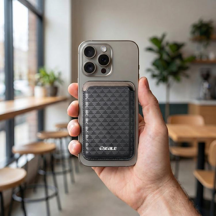 ESEBLE S9, carcasa triangular de cuero sintético con ranuras magnéticas para tarjetas de teléfono móvil.