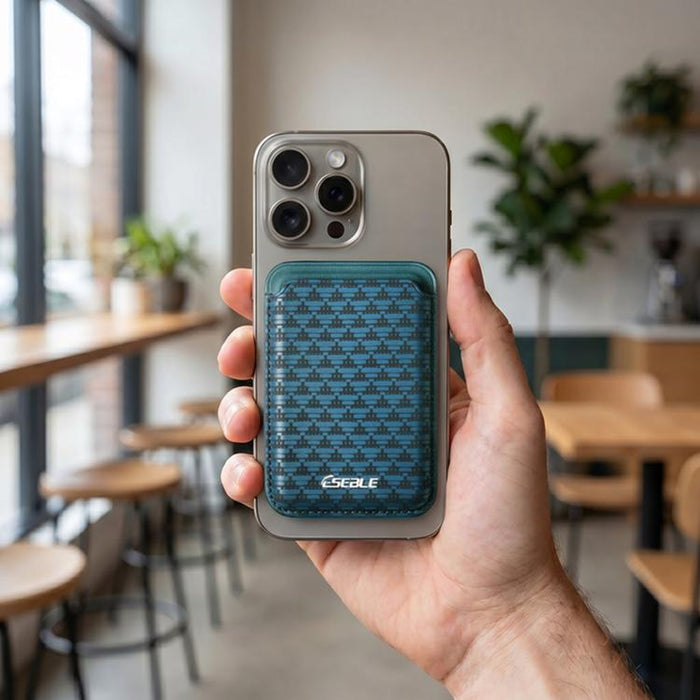 ESEBLE S9, carcasa triangular de cuero sintético con ranuras magnéticas para tarjetas de teléfono móvil.
