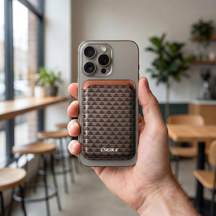 ESEBLE S9, carcasa triangular de cuero sintético con ranuras magnéticas para tarjetas de teléfono móvil.