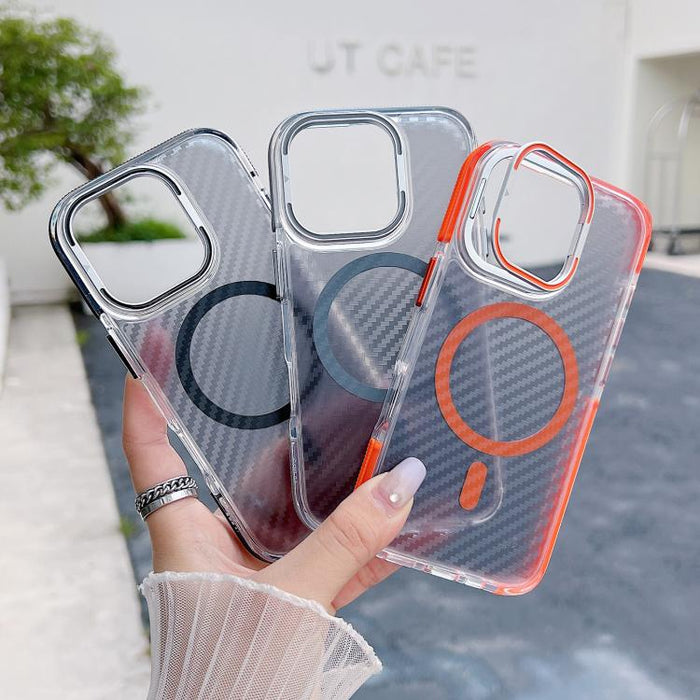 Funda magnética para teléfono con soporte y lente de fibra de carbono bicolor, For iPhone 16 Pro
