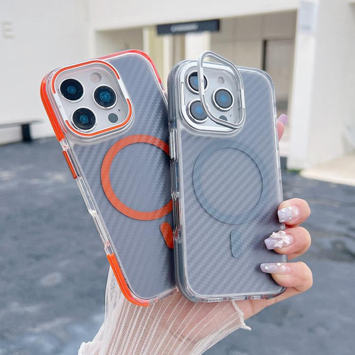 Funda magnética para teléfono con soporte y lente de fibra de carbono bicolor, For iPhone 16 Pro
