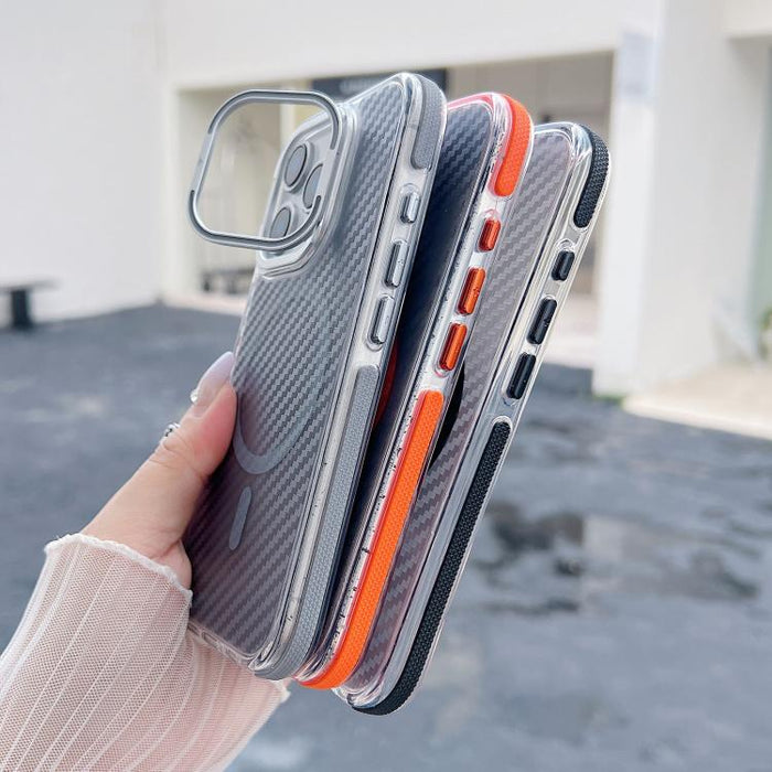 Funda magnética para teléfono con soporte y lente de fibra de carbono bicolor, For iPhone 16 Pro