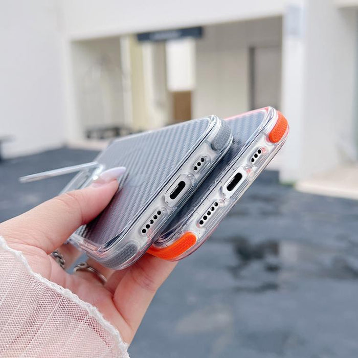 Funda magnética para teléfono con soporte y lente de fibra de carbono bicolor, For iPhone 16 Pro