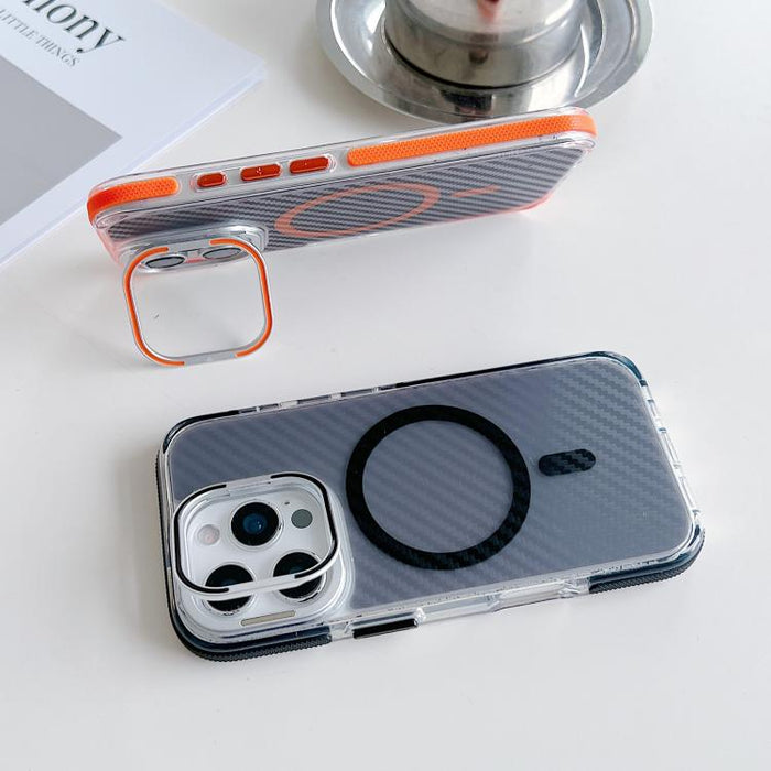 Funda magnética para teléfono con soporte y lente de fibra de carbono bicolor, For iPhone 16 Pro