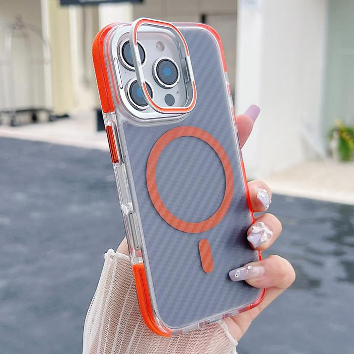Funda magnética para teléfono con soporte y lente de fibra de carbono bicolor, For iPhone 16 Pro
