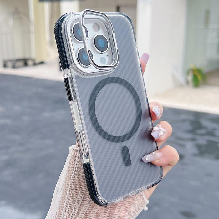 Funda magnética para teléfono con soporte y lente de fibra de carbono bicolor, For iPhone 16 Pro