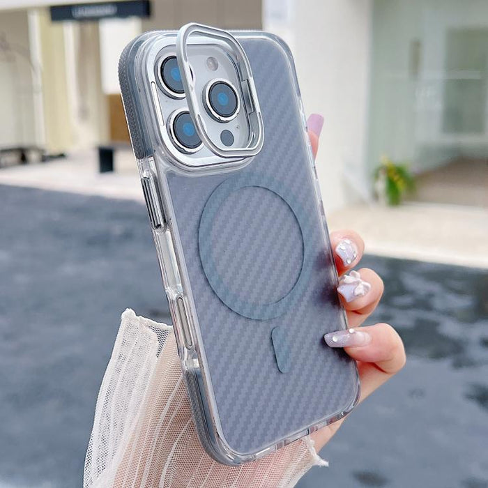 Funda magnética para teléfono con soporte y lente de fibra de carbono bicolor, For iPhone 16 Pro