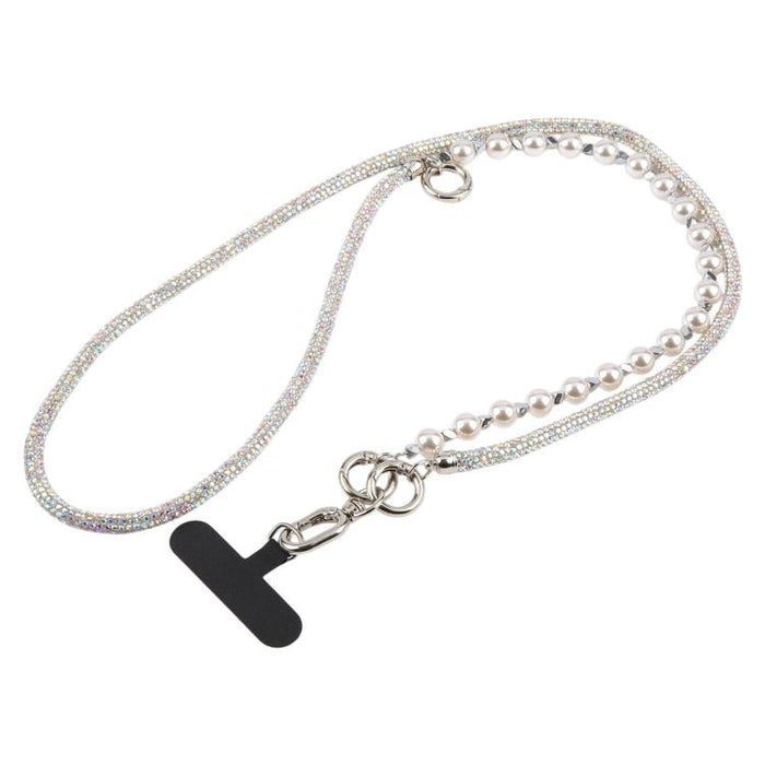 Cordón para teléfono con perlas y diamantes de imitación brillantes y cuentas de cristal desmontables.