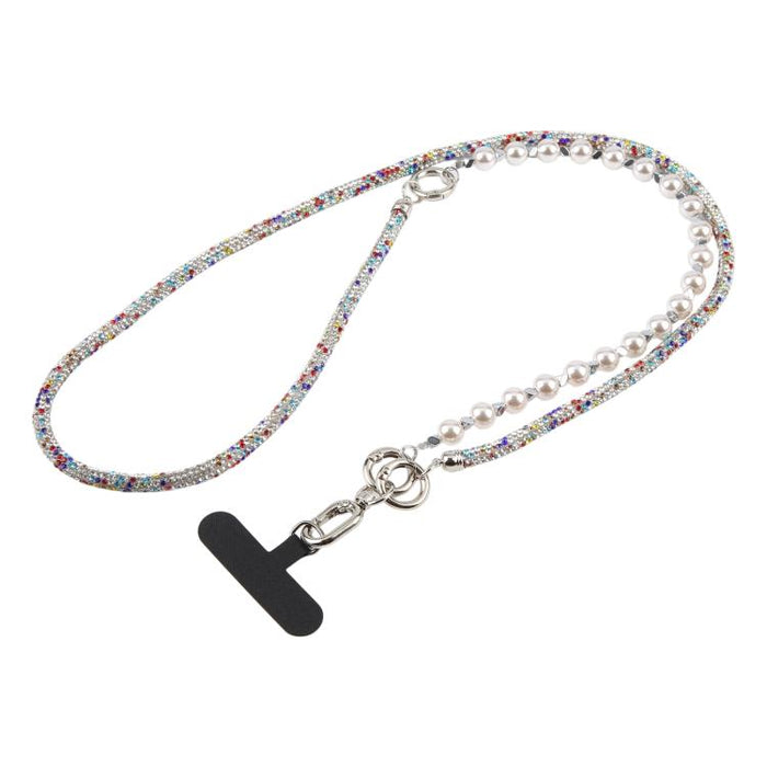 Cordón para teléfono con perlas y diamantes de imitación brillantes y cuentas de cristal desmontables.